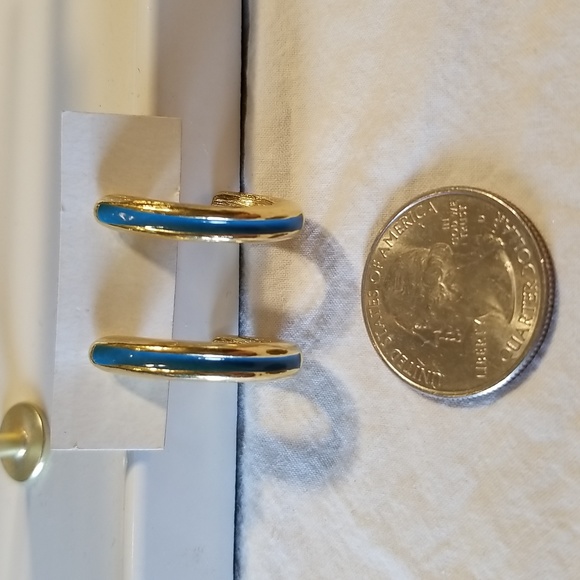 Vintage Teal & Gold Half Hoop Earrings - Picture 6 of 9